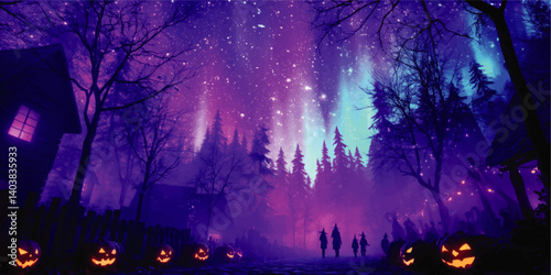 Mystical Halloween Night Scene Vector Illustration with Glowing Pumpkins Witch Coven Silhouettes Under Magical Starry Sky and Aurora Fantasy Forest Background