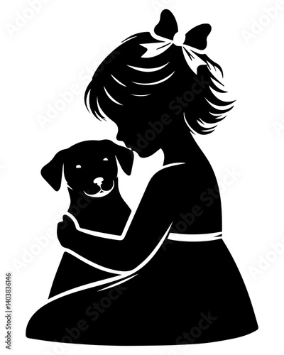 Black and white silhouette of a girl hugging a dog. Vector graphics. EPS.