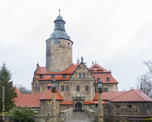 A front view of the Czocha Castle in Poland. An ancient stone medieval European castle photo
