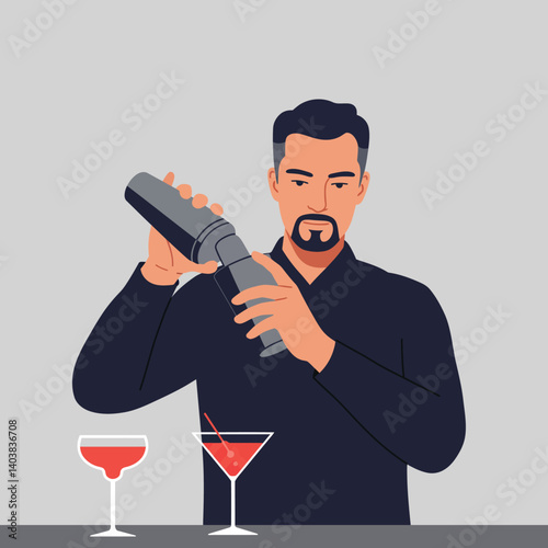 Bartender mixing cocktails in flat design style vector illustration