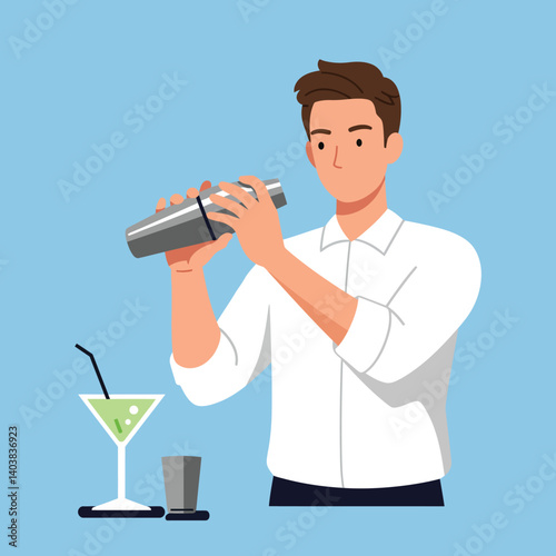 Bartender shaking cocktail in minimal flat vector illustration style for drink enthusiasts