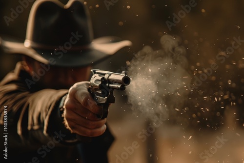 A close-up shot of a cowboy firing a revolver in a western setting with a blurred sunset background, A shooter's stance captured mid-shot