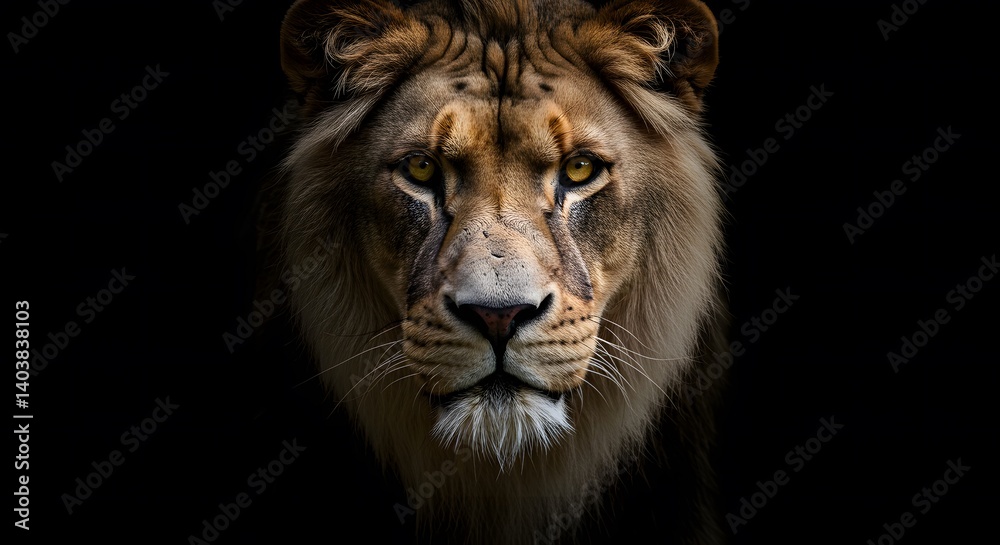 Fototapeta premium Intense Close-Up of Lion Approaching in Dark Mysterious Light