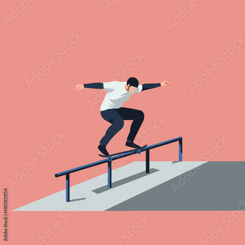 Skater performing a trick on a rail in minimal vector art style