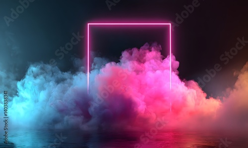 A pink neon square frame surrounded by colorful smoke on a reflective surface with a dark background