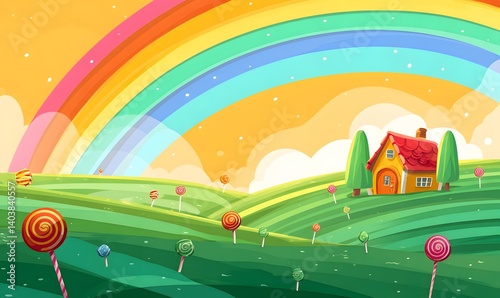 Cartoon landscape with rainbow, house and lollipops in a whimsical, colorful and fantasy setting