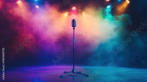 A single microphone standing on an empty stage, surrounded by vibrant lights and swirling smoke.