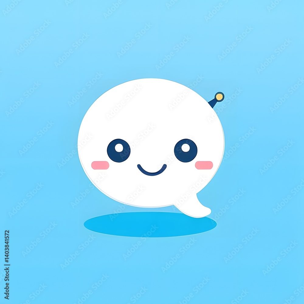 Cute Chatbot Mascot Illustration - Friendly AI Speech Bubble Character on Blue Background Cute Chatbot Mascot Illustration - Friendly AI Speech Bubble Character on Blue Background