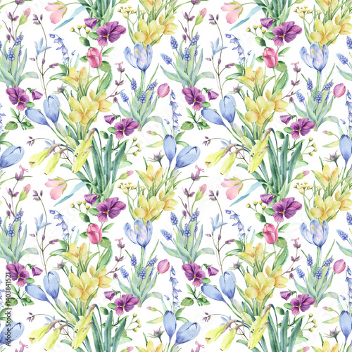Watercolor seamless pattern with garden flowers: crocus, tulip and other flowers. Spring garden.