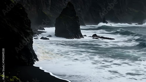 Waves Crashing on Black Sand Beach with Dramatic Rocky Cliffs