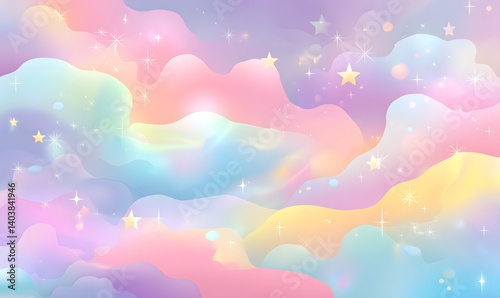 A dreamy pastel sky filled with fluffy clouds and twinkling stars creating a magical atmosphere