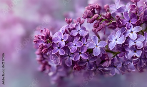 A close up view of a cluster of purple lilac flowers in full bloom on a soft purple background