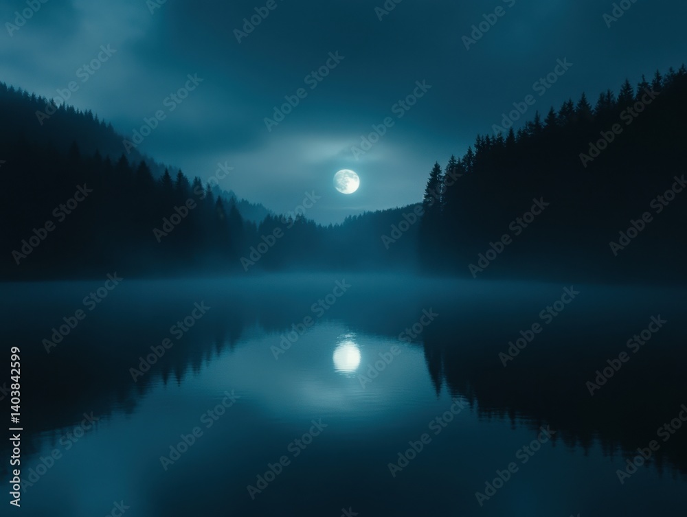 Fototapeta premium Serene moonlit lake surrounded by dark forest trees reflecting in calm water creating a tranquil night scene