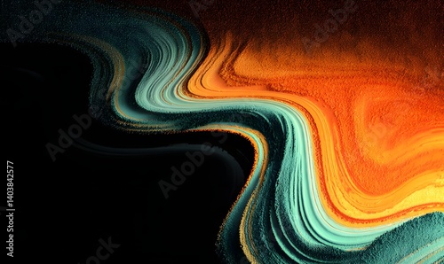 Abstract swirl of teal and orange paint flowing together on a dark background creating a dynamic effect