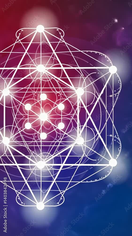 Geometric Metatron Cube Illustration on Colorful Gradient Background with Bokeh and Particles