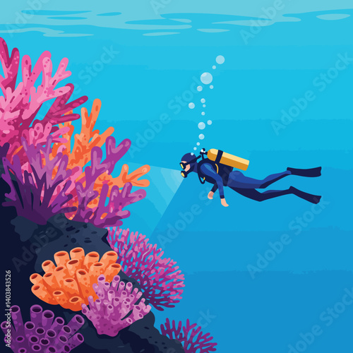 Diver exploring vibrant coral reef in flat vector illustration