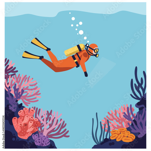 Scuba diver exploring vibrant coral reef in flat vector art style