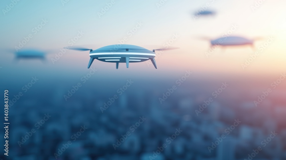 Naklejka premium Delivery Delivery drones flying over a cityscape, representing the future of logistics and transportation.