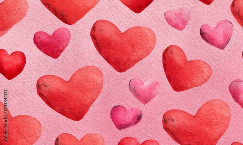 Seamless pattern of red and pink hearts on a light pink textured background for valentine's day design
