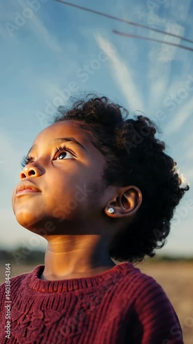 Young girl looks up towards sky during golden hour, close up portrait of dark skinned child with curly hair in warm afternoon light