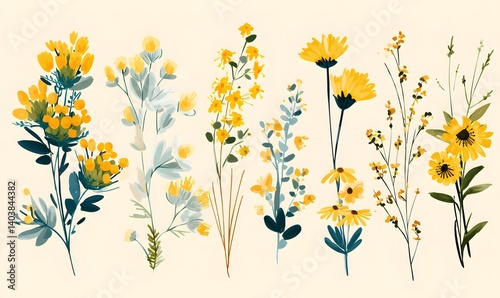 Watercolor illustration of various yellow flowers and green leaves on a cream colored background