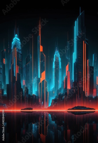 Futuristic neon-lit cityscape with glowing skyscrapers and reflections at night.