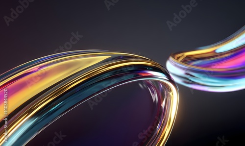 Abstract iridescent rings with gold highlights against a dark and smooth background design element