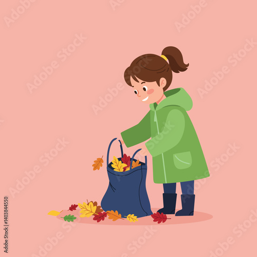 Girl collecting colorful autumn leaves in minimal flat vector illustration