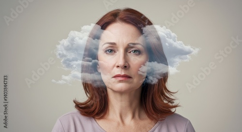 Menopause Brain Fog: A Woman's Struggle with Memory Loss and Anxiety - Woman experiencing menopause brain fog, memory loss, and anxiety. Clouds symbolize mental confusion, forgetfulness