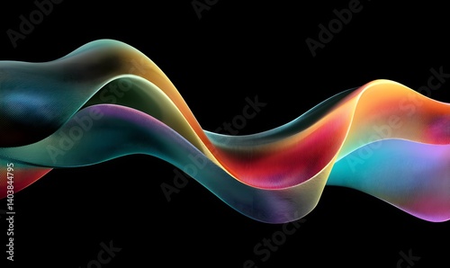 A vibrant ribbon wave with iridescent colors flowing against a stark black background in a dynamic composition