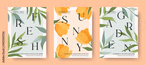Spring elegant illustrations with yellow tulip flowers and green plants.Typography banner templates with blooming florals.Creative seasonal backgrounds for holidays prints,invitations,promos,greetings