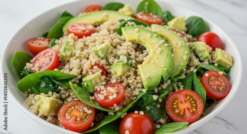 Salad with quinoa avocado tomato and spinach in a white bowl. Salad with quinoa avocado tomato and spinach in a white bowl.