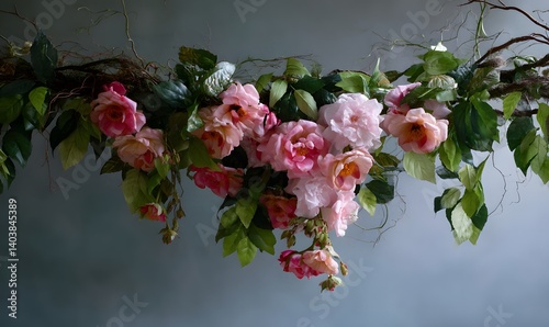 Hanging floral arrangement featuring pink roses and green leaves against a gray background