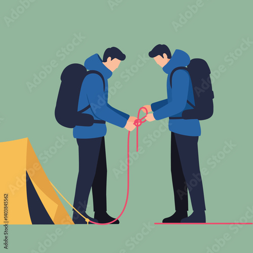 Two hikers tying knots in flat minimal vector illustration art