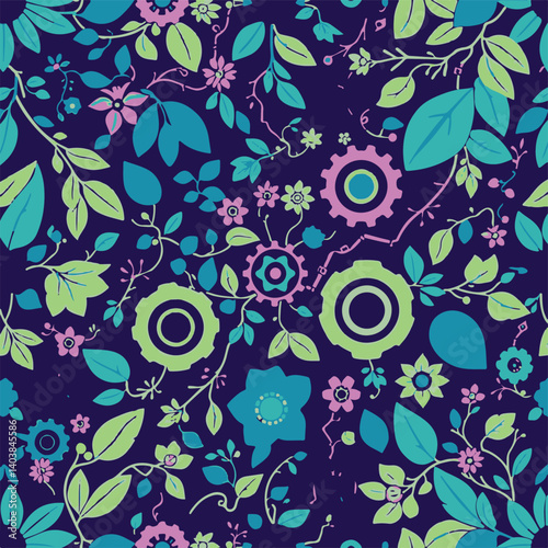 A cool-toned modern flat design with a futuristic pattern.  Organic leaves, vines, and flowers are blended with mechanical gears and circuits. The color palette uses blues, greens