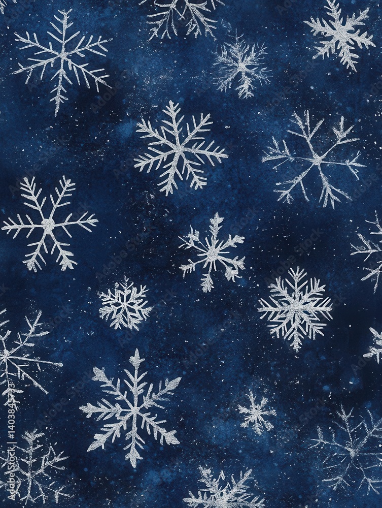 Elegant winter background with silver snowflakes on dark blue backdrop creating a festive holiday mood and a whimsical seasonal pattern Elegant winter background with silver snowflakes on dark blue backdrop creating a festive holiday mood and a whimsical seasonal pattern
