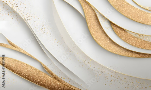 Abstract white and gold waves with glitter, creating a luxurious and elegant background design element