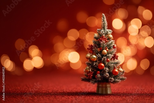 A small christmas tree with red and gold ornaments against a bokeh background on a red surface