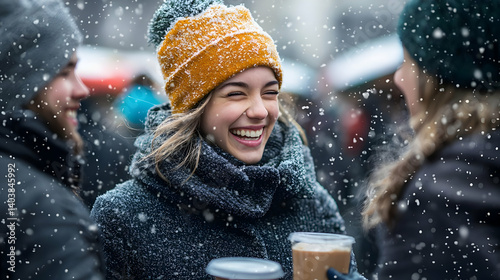 Joyful Woman In Winter Clothing Laughing Outdoors Among Friends Amid Snowfall