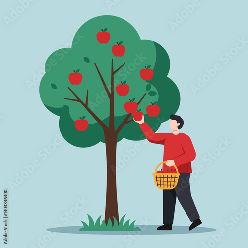 Person harvesting apples from a tree in flat vector art style