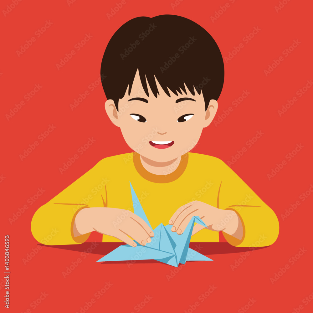 Child happily folding blue origami paper in minimal flat design vector art Child happily folding blue origami paper in minimal flat design vector art