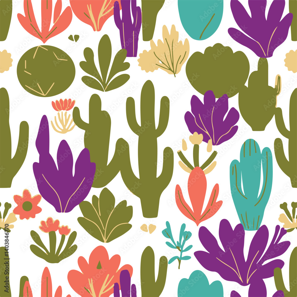 A seamless repeat pattern in a modern flat design featuring stylized cacti, succulents, and desert flora. The color scheme is inverted, using deep ultraviolet hues against a white background. 