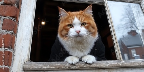 Ginger Cat Peeking Through Window