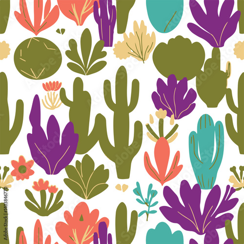 A seamless repeat pattern in a modern flat design featuring stylized cacti, succulents, and desert flora. The color scheme is inverted, using deep ultraviolet hues against a white background. 
