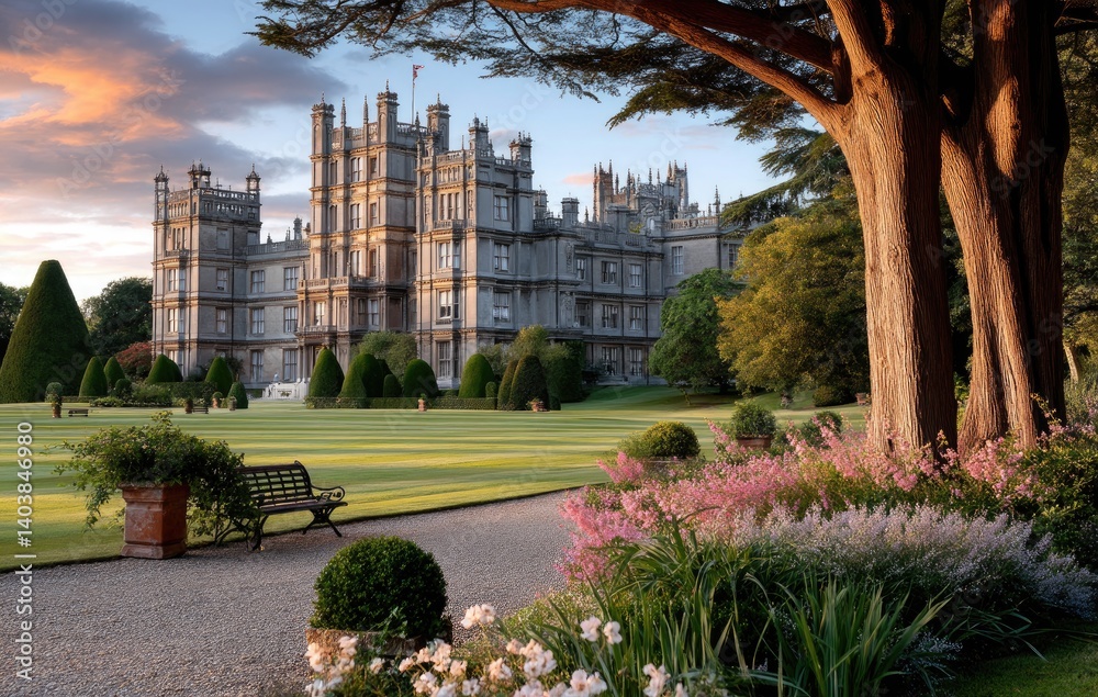 Highclere Castle, the iconic setting of Downton Abbey, carries its grandeur and elegance against an atmospheric sky, with lush green lawns leading up to it.