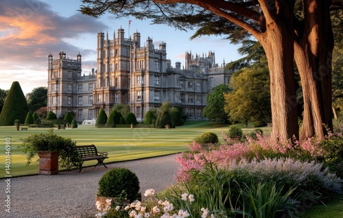 Obraz na płótnie Highclere Castle, the iconic setting of Downton Abbey, carries its grandeur and elegance against an atmospheric sky, with lush green lawns leading up to it. w salonie