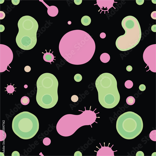 A seamless repeat pattern in modern flat design with a distinct split. Abstract microscopic organisms and stylized bacteria glow with neon pastel shapes on a dark background. Bold areas are defined