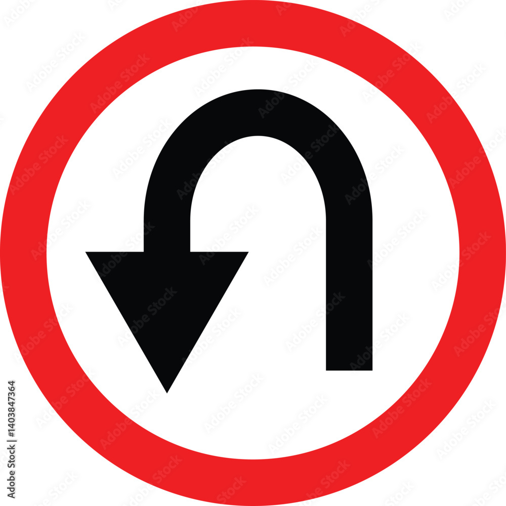U turn sign icon, red circle, isolated on white background. Vector illustration U turn sign icon, red circle, isolated on white background. Vector illustration