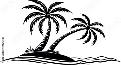 "Palm Tree Silhouette Vector – Tropical Island Black and White Illustration.eps