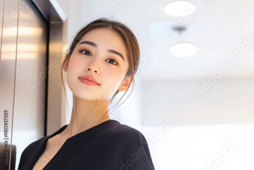 A young woman stands confidently near an elevator, showcasing modern style and elegant expression in a contemporary interior.